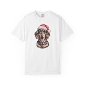 Comfort Colors Dachshund Santa Hat Shirt, Watercolor Doxie Christmas Tee, Dachshund Christmas T-shirt, Doxie Mom Holiday Shirt — Printify product mockup