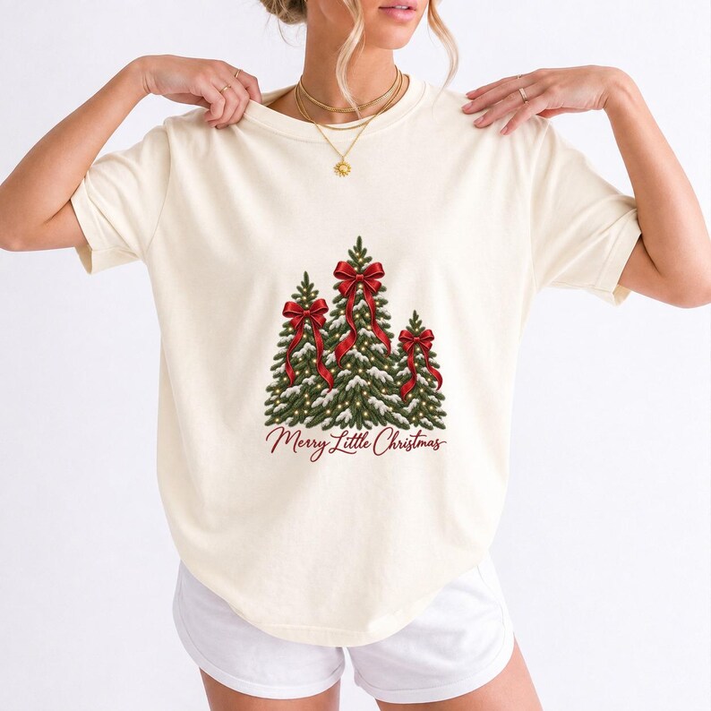 Comfort Colors Christmas Tree Bow Shirt, Coquette Christmas Tree Tee, Snowy Pine Tree T-shirt, Red Bow Christmas Shirt Women