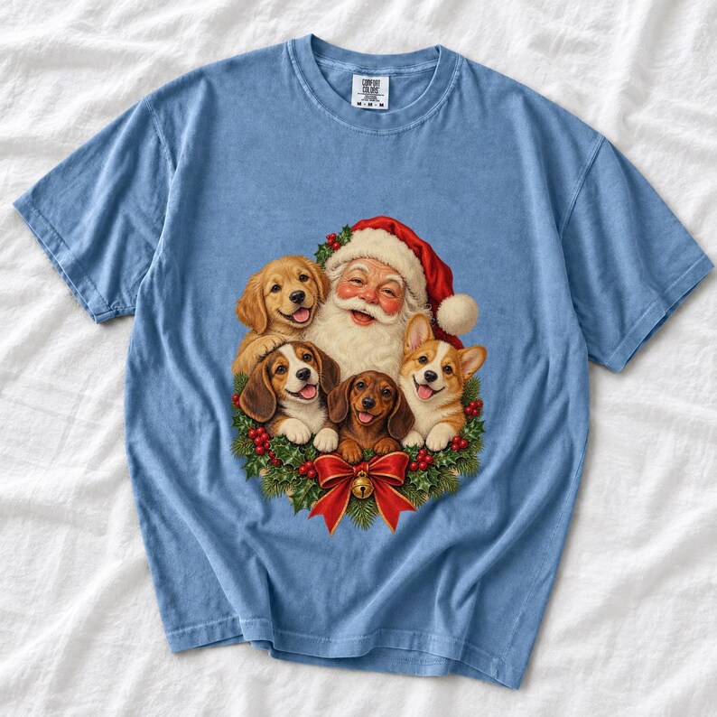 Comfort Colors Santa Puppies Christmas Shirt, Retro Santa Dog Tee, Christmas Dog Lover T-shirt, Dog Mom Santa Shirt Gift