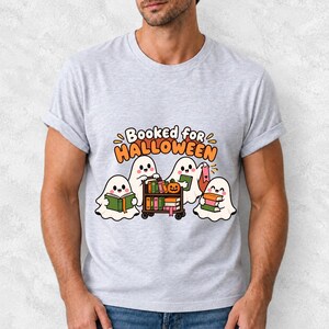 Four kawaii ghosts with books, a library cart and bookmarks, text Booked for Halloween
