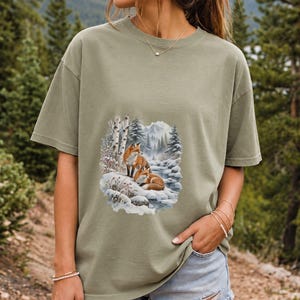 Comfort Colors Winter Fox Shirt, Watercolor Red Fox Tee, Snowy Forest Fox T-shirt, Fox Lover Nature Shirt Gift, Birch Forest Fox Tee