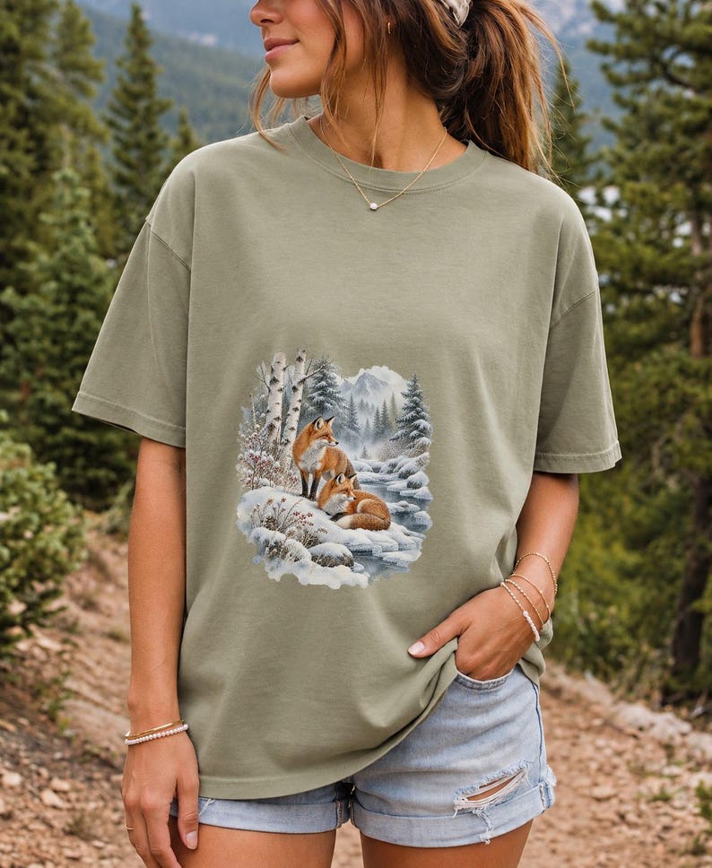 Comfort Colors Winter Fox Shirt, Watercolor Red Fox Tee, Snowy Forest Fox T-shirt, Fox Lover Nature Shirt Gift, Birch Forest Fox Tee