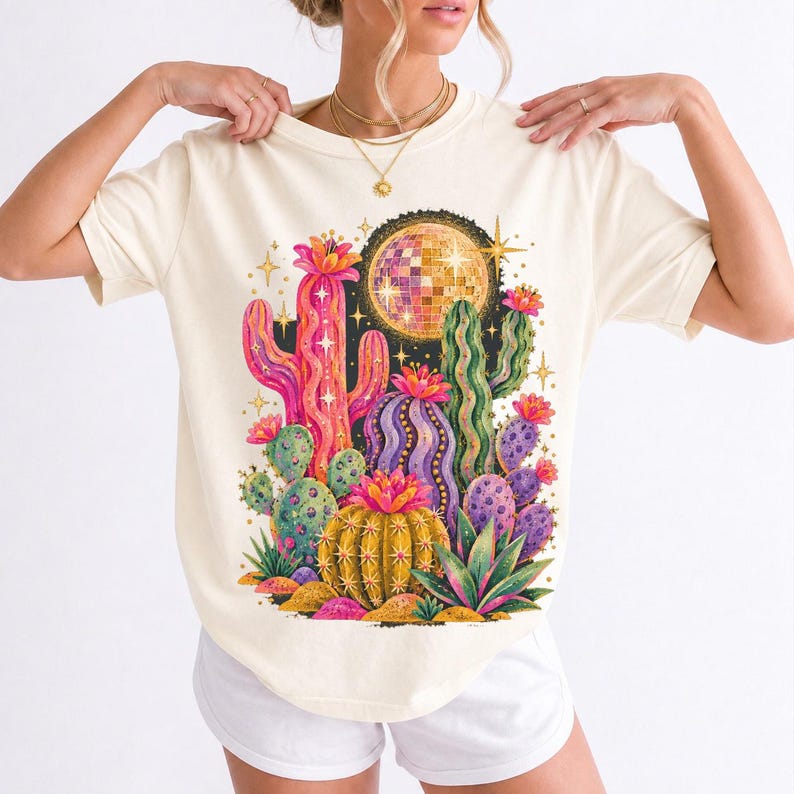 Retro 70s psychedelic glitter cacti with a disco ball moon in pink, mustard, violet and mint