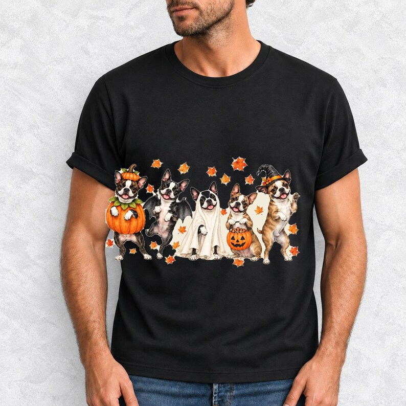 Five watercolor Boston terriers in Halloween costumes with falling autumn leaves