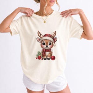Comfort Colors Baby Reindeer Christmas Shirt, Cute Reindeer Santa Hat Tee, Christmas Reindeer T-shirt, Plaid Reindeer Holiday Shirt