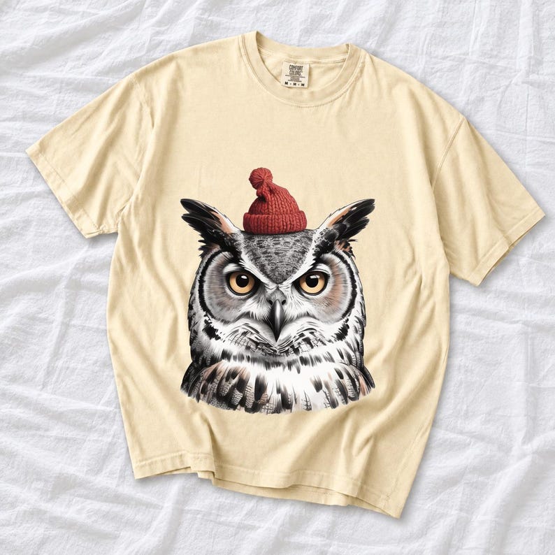 Comfort Colors Owl Santa Hat Shirt, Sketch Owl Christmas Tee, Great Horned Owl Winter T-shirt, Owl Lover Holiday Shirt, Bird Lover Owl Tee