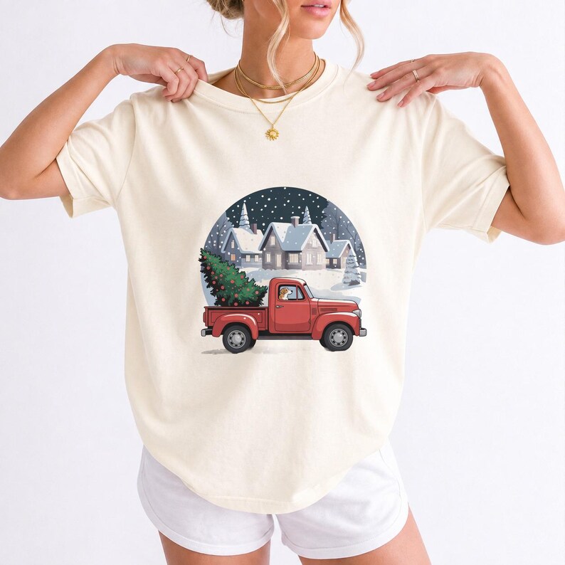 Comfort Colors Red Truck Christmas Tree Shirt, Retro Christmas Truck Tee, Snowy Village Red Truck T-shirt, Farmhouse Christmas Shirt