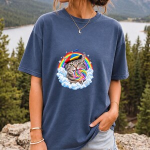 Rainbow Cat Lollipop Propeller Beanie Comfort Colors Shirt product mockup, image 12