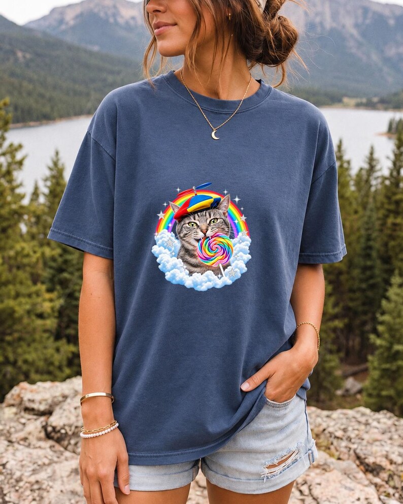 Rainbow Cat Lollipop Propeller Beanie Comfort Colors Shirt product mockup, image 12