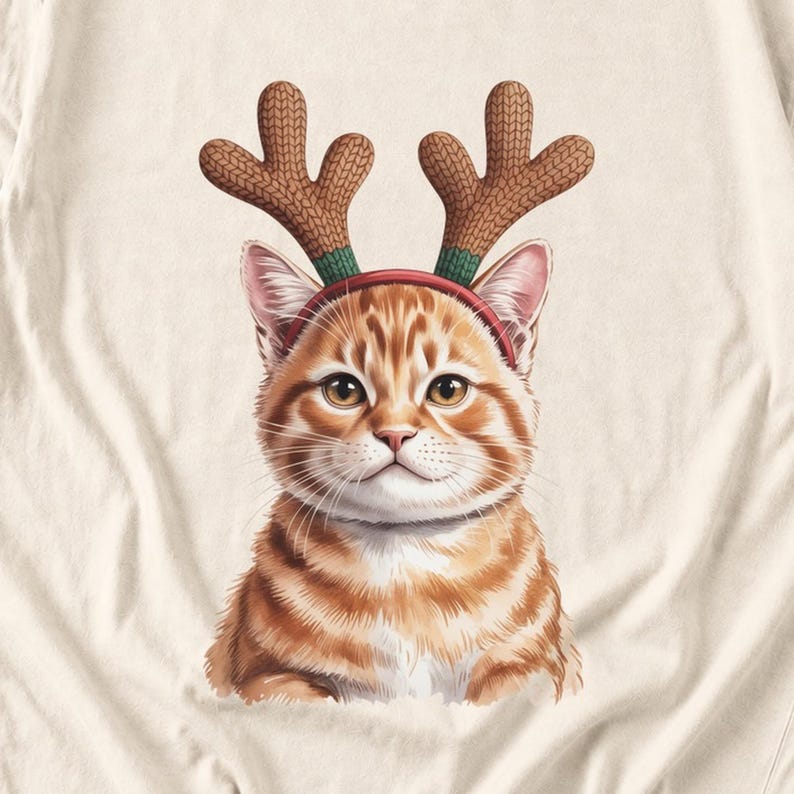 Comfort Colors Cat Reindeer Antlers Shirt, Orange Tabby Cat Christmas Tee, Grumpy Cat Reindeer T-shirt, Cat Mom Holiday Shirt, Cat Xmas Tee