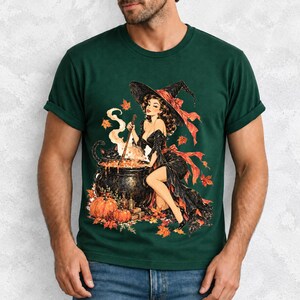 Retro 1950s pin-up witch winking while stirring a cauldron with a black cat peeking over the rim, autumn leaves