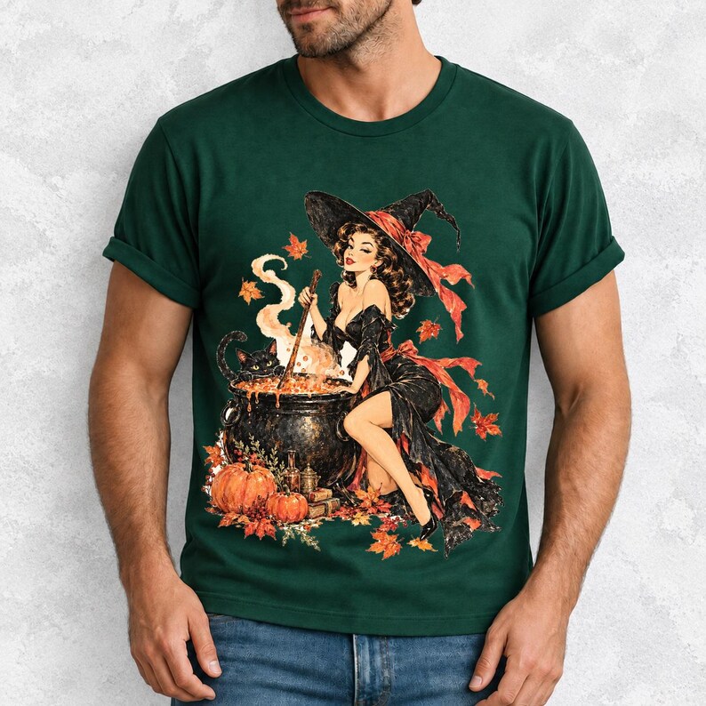 Retro 1950s pin-up witch winking while stirring a cauldron with a black cat peeking over the rim, autumn leaves