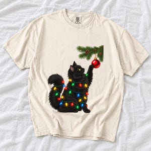 Comfort Colors Black Cat Christmas Shirt, Funny Cat Ornament Tee, Black Cat Christmas Lights T-shirt, Cat Mom Holiday Shirt