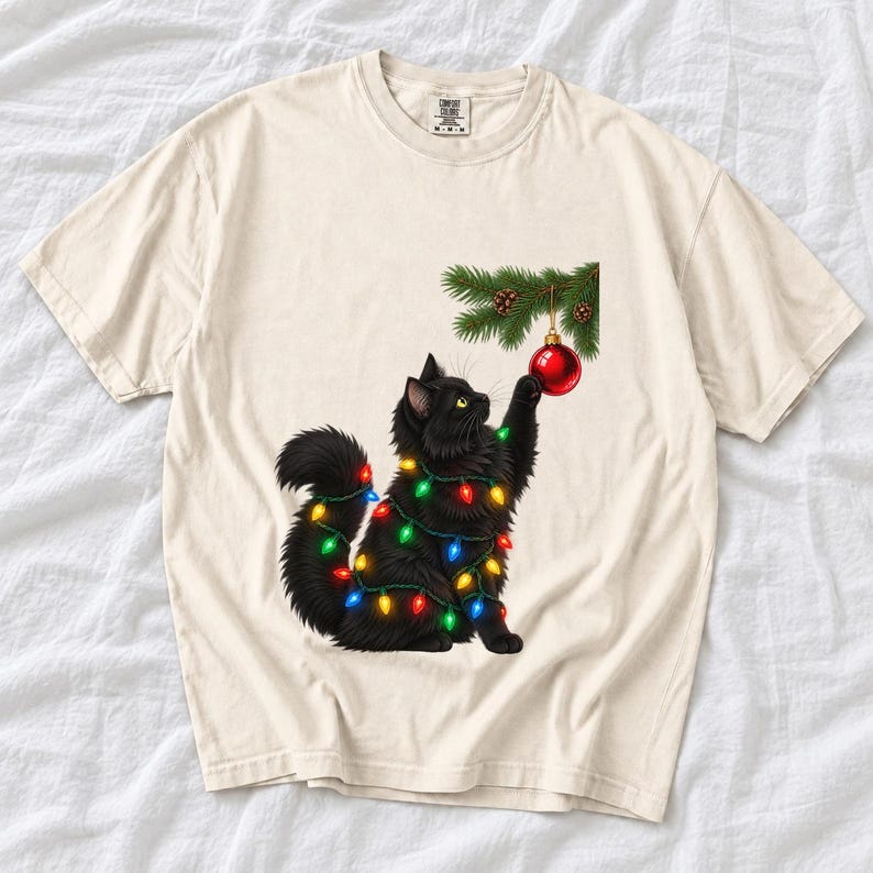 Comfort Colors Black Cat Christmas Shirt, Funny Cat Ornament Tee, Black Cat Christmas Lights T-shirt, Cat Mom Holiday Shirt