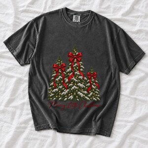 Comfort Colors Christmas Tree Bow Shirt, Coquette Christmas Tree Tee, Snowy Pine Tree T-shirt, Red Bow Christmas Shirt Women