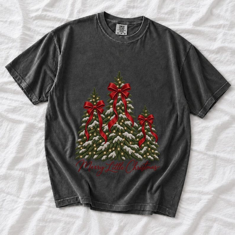 Comfort Colors Christmas Tree Bow Shirt, Coquette Christmas Tree Tee, Snowy Pine Tree T-shirt, Red Bow Christmas Shirt Women