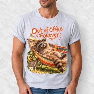 Raccoon relaxing in a hammock with a soda can and sunglasses, 90s film photo style, text "Out of Office Forever"