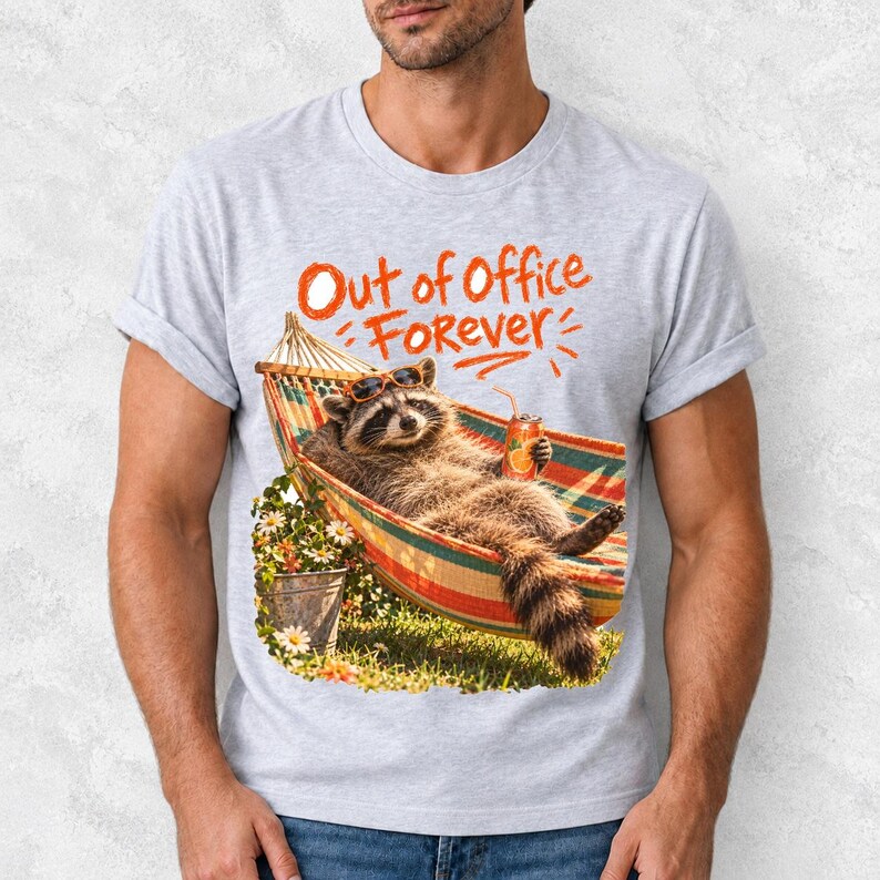 Raccoon relaxing in a hammock with a soda can and sunglasses, 90s film photo style, text "Out of Office Forever"