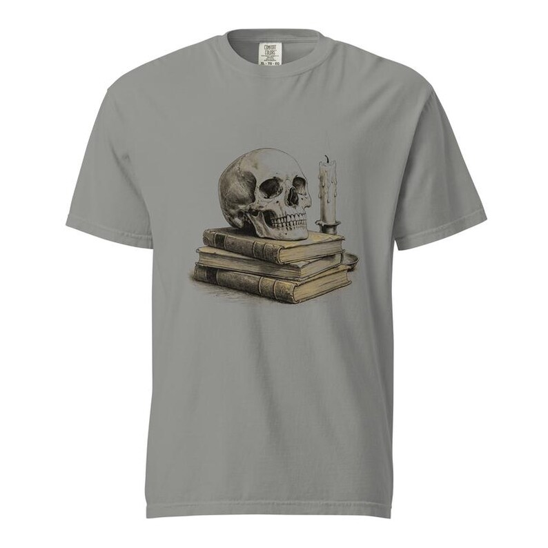 Memento Mori Skull Shirt, Skull and Candle Tee, Comfort Colors Skull Book Lover T-shirt, Gothic Vanitas Skull Shirt image 3