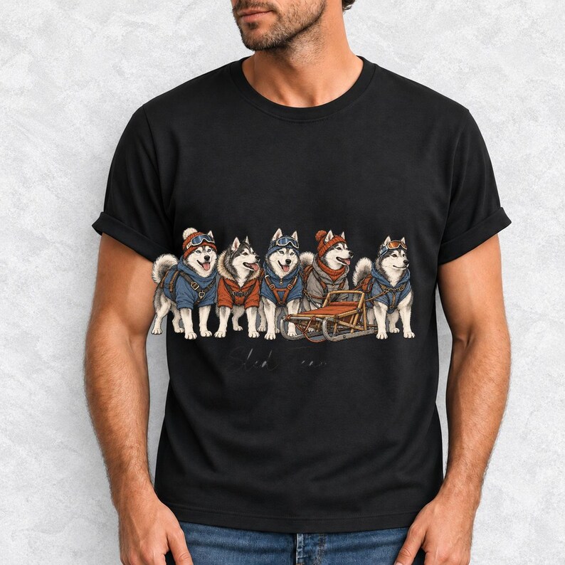 Illustrated huskies in ski gear lined up with a sled, text Sled Team