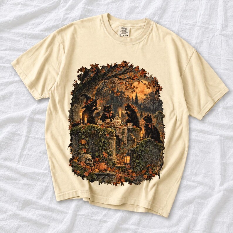 Vintage oil painting of black cats having a tea party on mossy gravestones with candles and teacups at dusk
