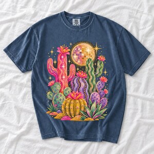 Retro 70s psychedelic glitter cacti with a disco ball moon in pink, mustard, violet and mint