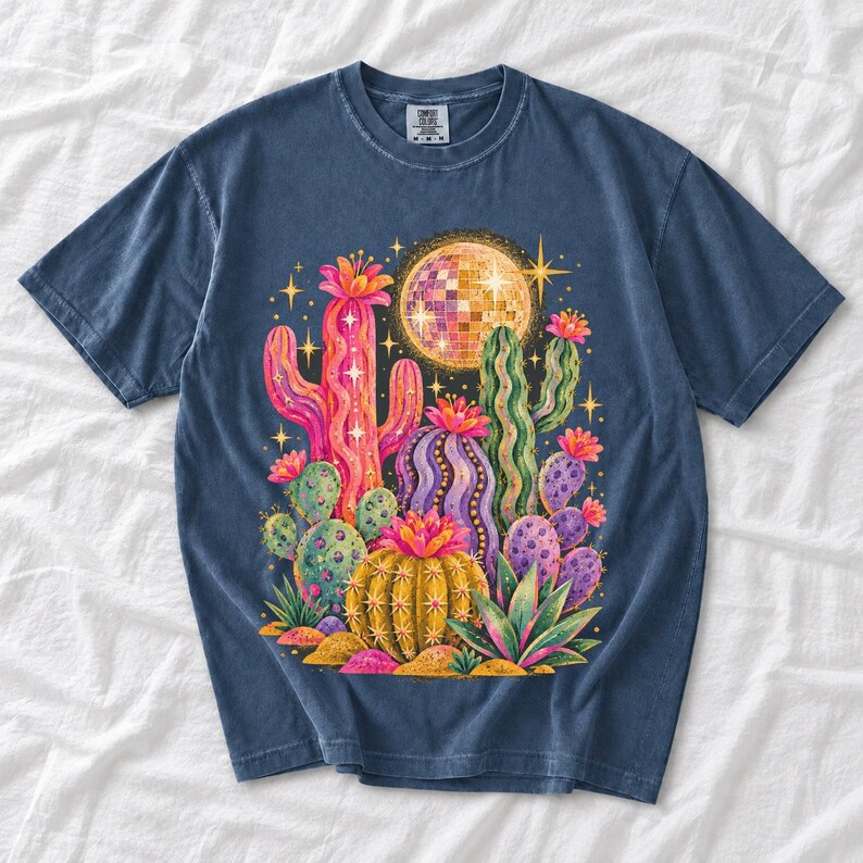 Retro 70s psychedelic glitter cacti with a disco ball moon in pink, mustard, violet and mint