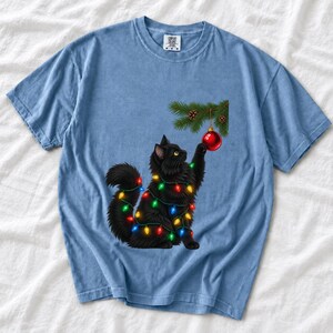 Comfort Colors Black Cat Christmas Shirt, Funny Cat Ornament Tee, Black Cat Christmas Lights T-shirt, Cat Mom Holiday Shirt