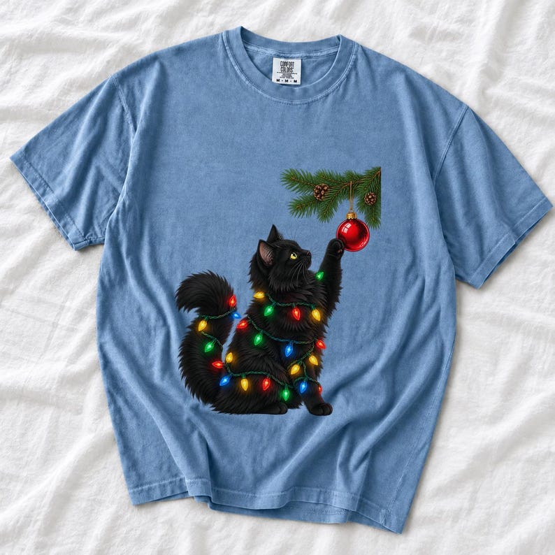 Comfort Colors Black Cat Christmas Shirt, Funny Cat Ornament Tee, Black Cat Christmas Lights T-shirt, Cat Mom Holiday Shirt