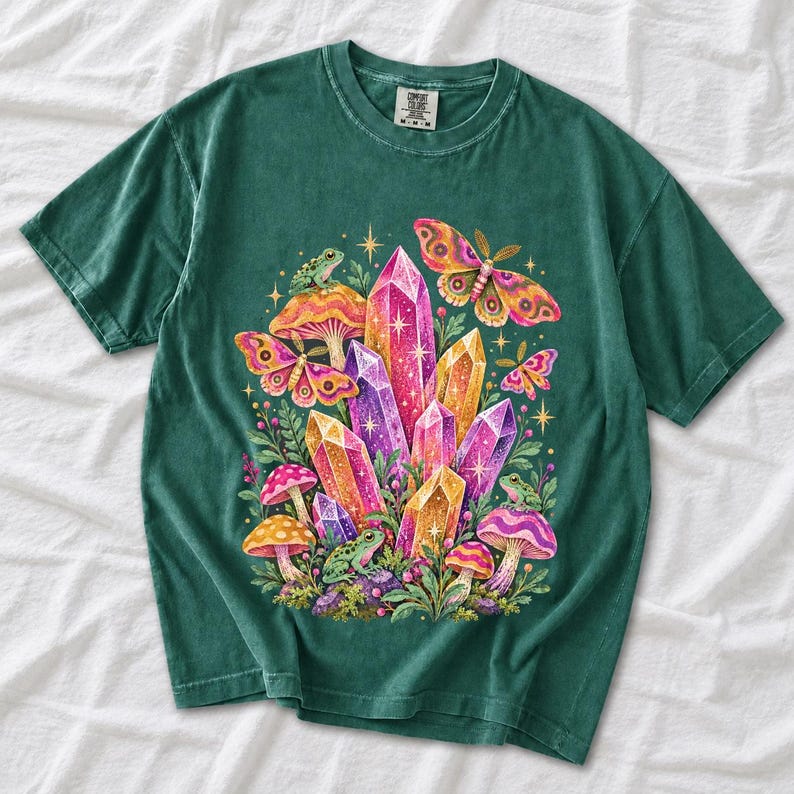 Retro 70s psychedelic glitter crystal cluster with moths and small frogs in pink, mustard, violet and mint