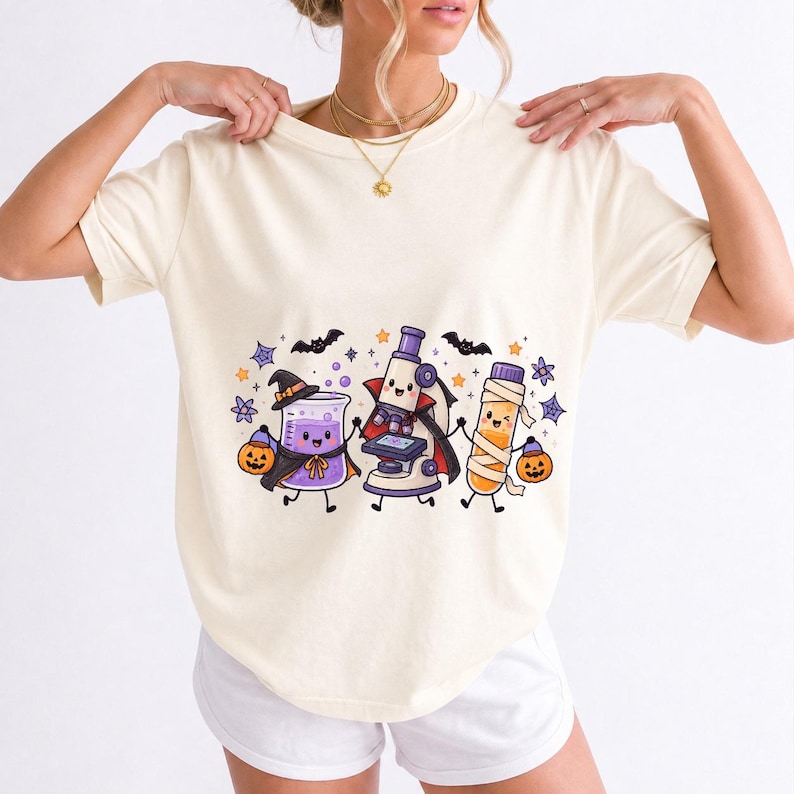 Kawaii beaker, microscope and test tube with faces in Halloween costumes, pastel purple and orange
