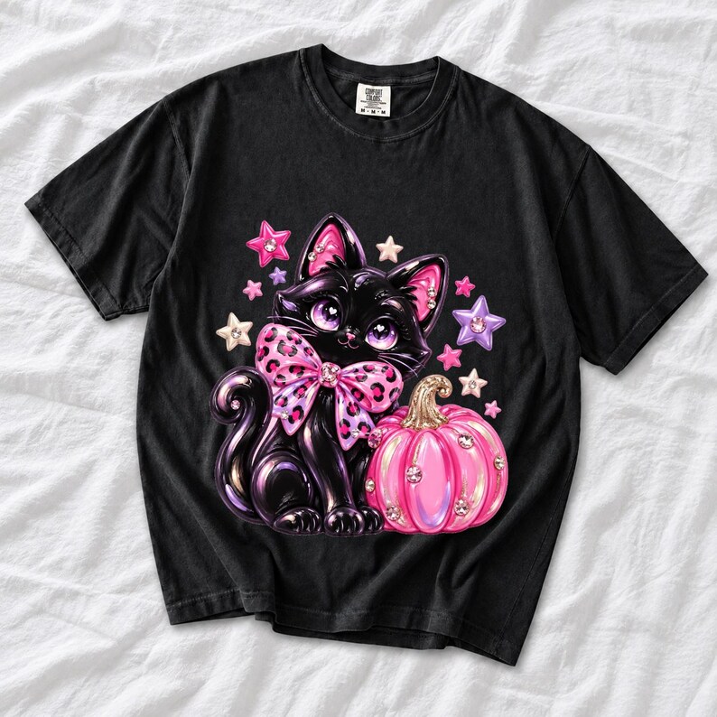 Puffy 3D black cat with a leopard bow beside a glossy pumpkin and stars in coquette style