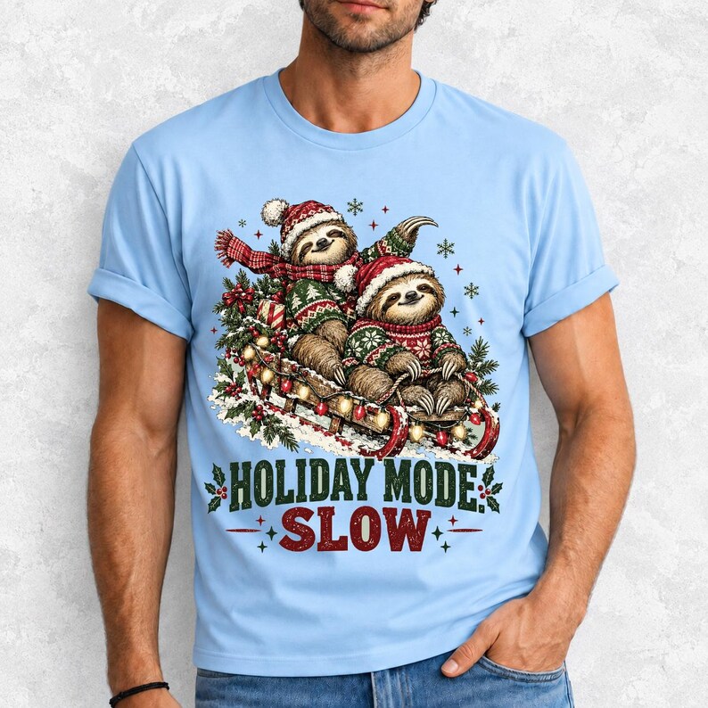 Two sloths in ugly sweaters riding a sled with lights and the text Holiday Mode: Slow