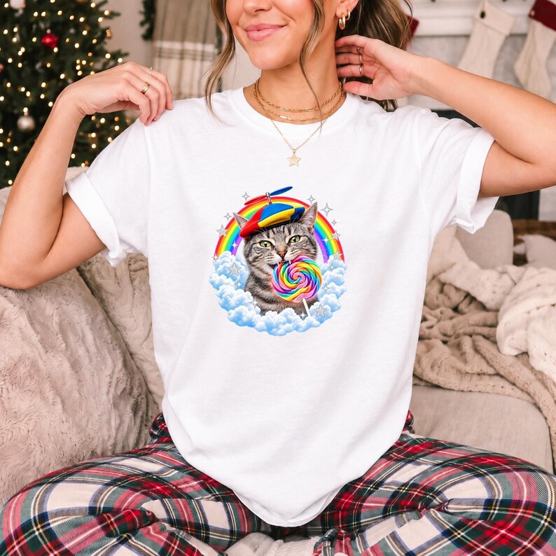Rainbow Cat Lollipop Propeller Beanie Comfort Colors Shirt product mockup, image 11