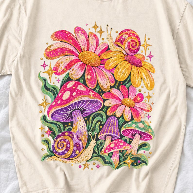 Retro 70s psychedelic glitter daisies and snails with groovy stars in pink, mustard, violet and mint
