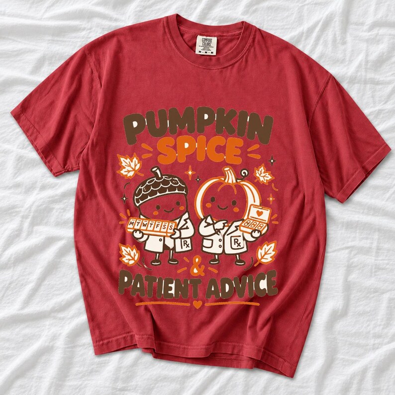 Acorn and pumpkin characters in pharmacist coats holding pill organizers, text Pumpkin Spice & Patient Advice