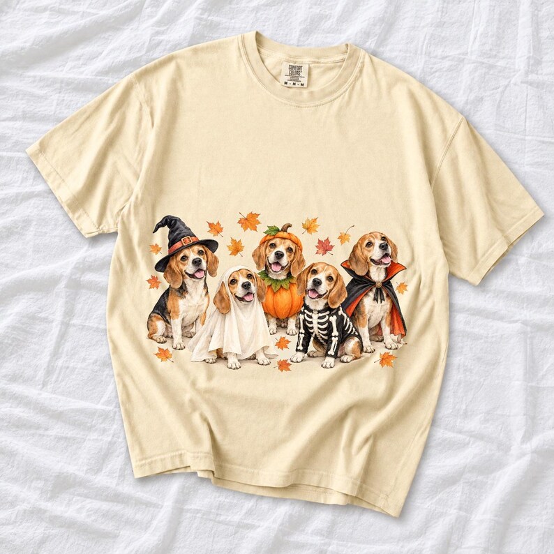 Five watercolor beagles in witch, ghost, pumpkin, skeleton and vampire costumes with floating autumn leaves