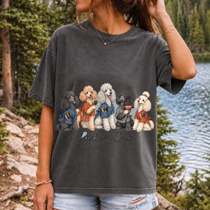 Illustrated poodles in salon smocks with brushes and a hair dryer, text Pawdicure Crew