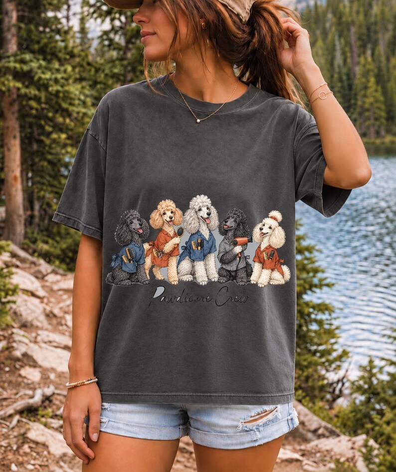 Illustrated poodles in salon smocks with brushes and a hair dryer, text Pawdicure Crew