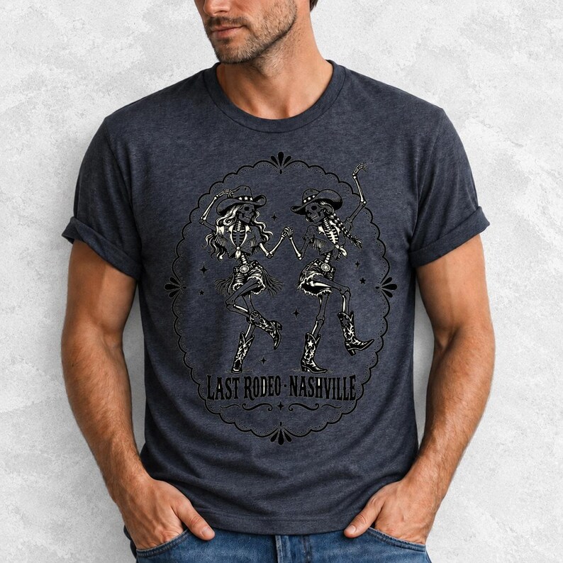 Two cowgirl skeletons in hats line dancing in a starry frame with the text Last Rodeo Nashville
