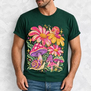 Retro 70s psychedelic glitter daisies and snails with groovy stars in pink, mustard, violet and mint