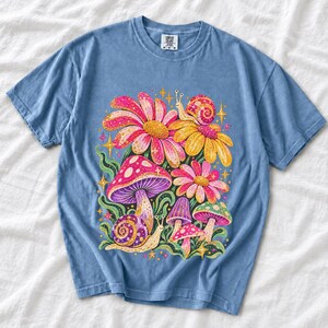Retro 70s psychedelic glitter daisies and snails with groovy stars in pink, mustard, violet and mint