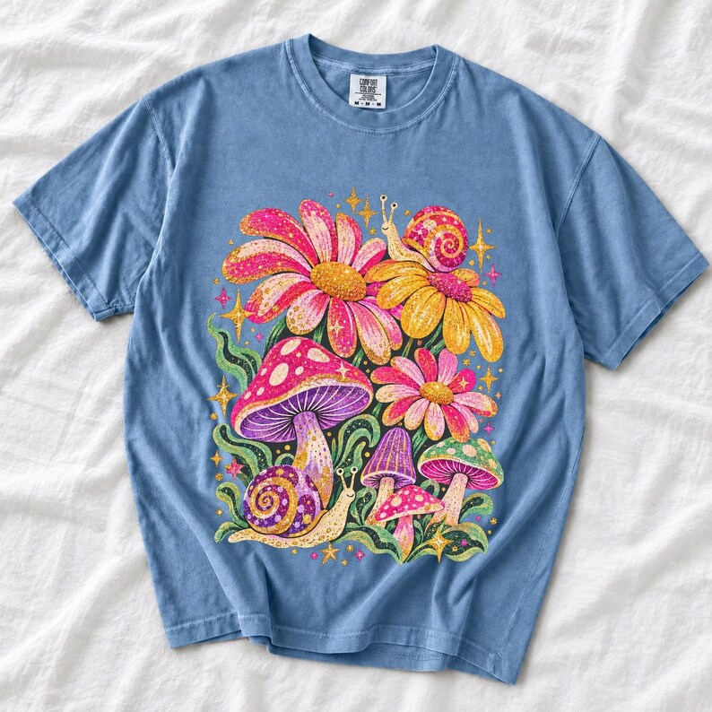 Retro 70s psychedelic glitter daisies and snails with groovy stars in pink, mustard, violet and mint