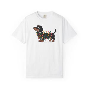 Comfort Colors Dachshund Christmas Lights Shirt, Funny Doxie Christmas Tee, Wiener Dog Christmas T-shirt, Dachshund Mom Holiday Shirt — Printify product mockup