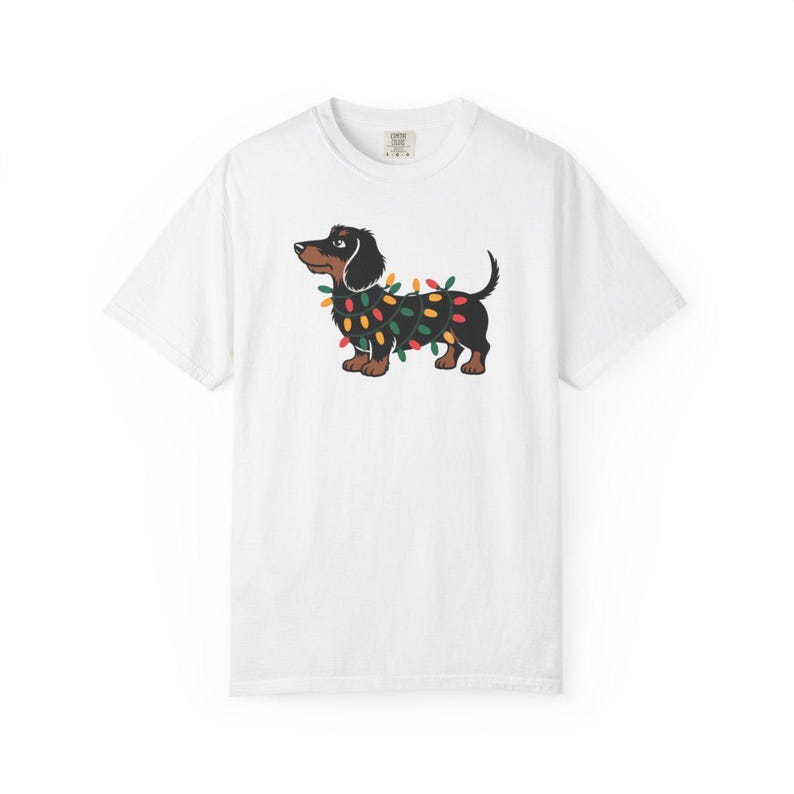 Comfort Colors Dachshund Christmas Lights Shirt, Funny Doxie Christmas Tee, Wiener Dog Christmas T-shirt, Dachshund Mom Holiday Shirt — Printify product mockup