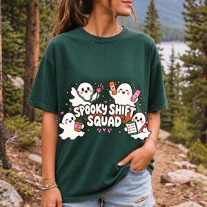 Four kawaii ghosts with stethoscope, bandages, coffee and clipboard, text Spooky Shift Squad