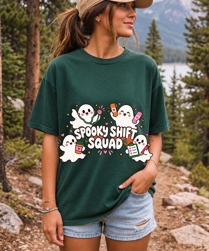 Four kawaii ghosts with stethoscope, bandages, coffee and clipboard, text Spooky Shift Squad