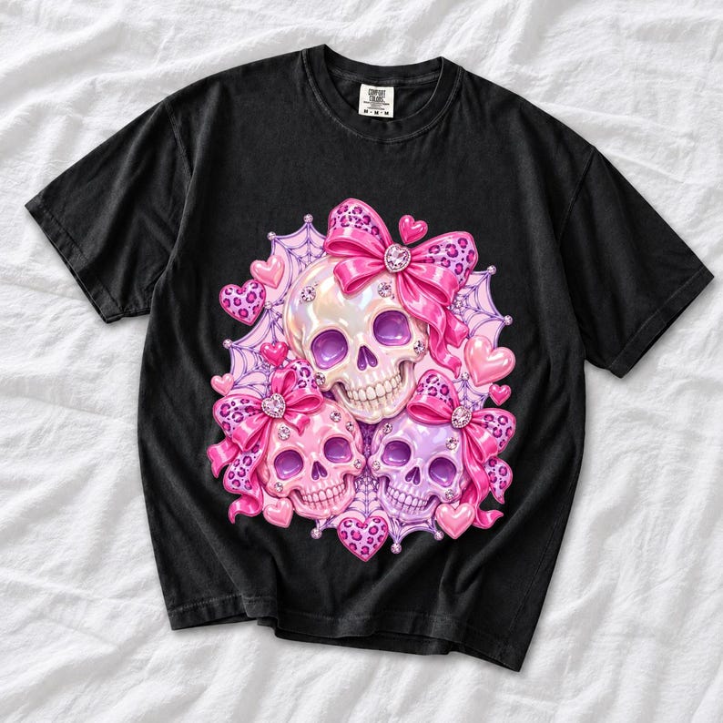 Puffy glossy 3D pink skulls with bows, hearts, cobwebs and rhinestones in coquette style