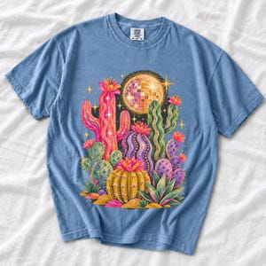 Retro 70s psychedelic glitter cacti with a disco ball moon in pink, mustard, violet and mint