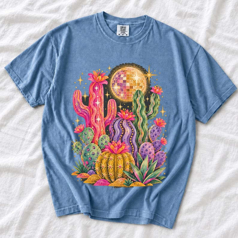 Retro 70s psychedelic glitter cacti with a disco ball moon in pink, mustard, violet and mint